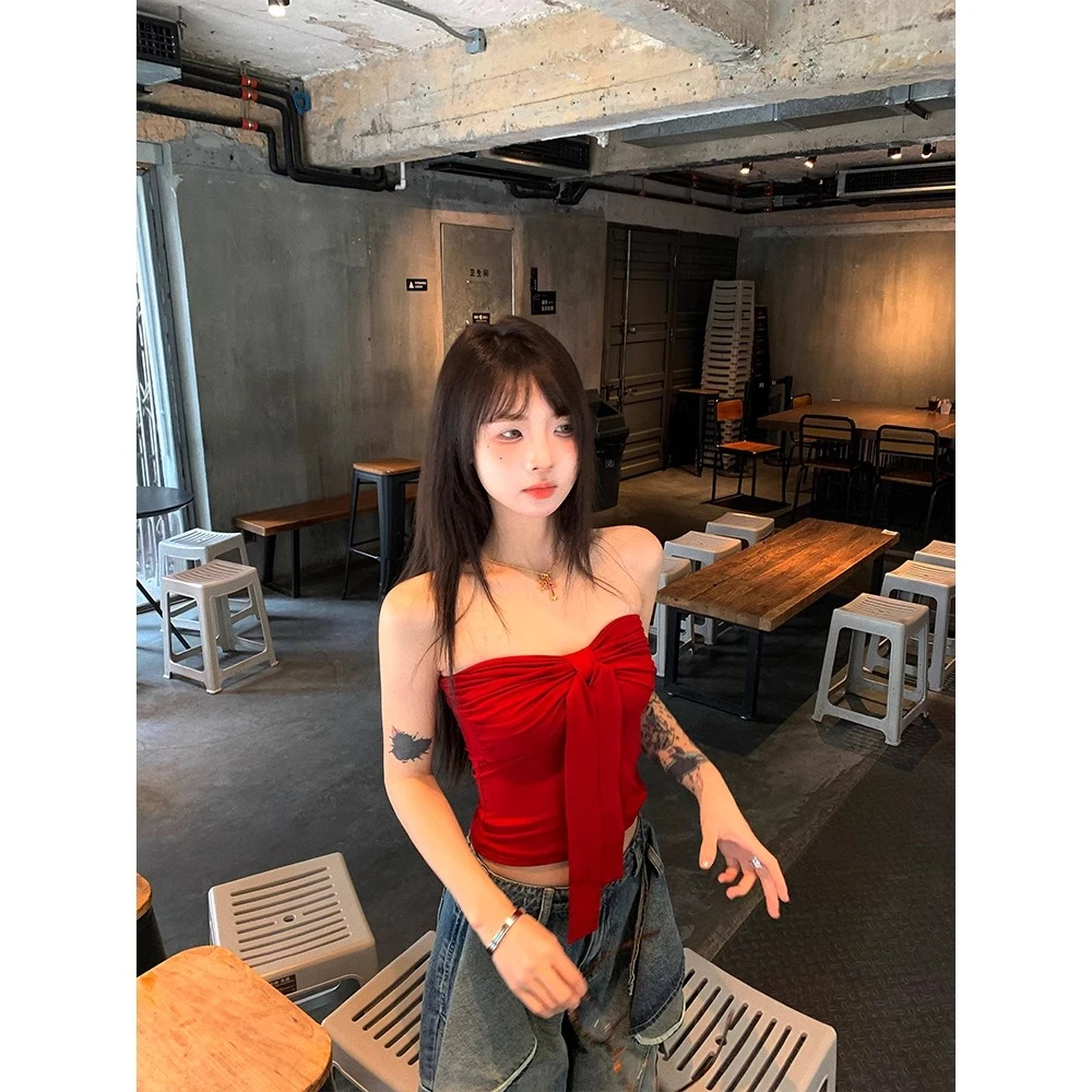 蝴蝶结系带抹胸背心女夏季纯欲风性感裹胸内搭红色甜辣妹上衣外穿