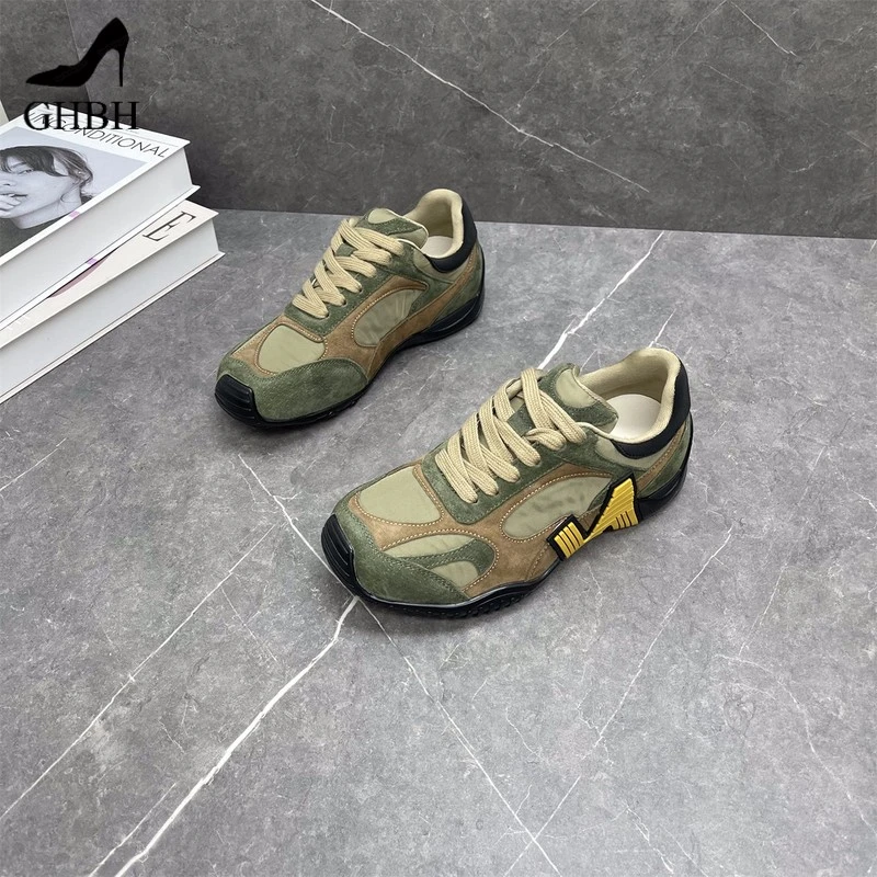 舒适复古德训鞋女秋新款百搭系带拼色厚底舒适休闲运动阿甘鞋