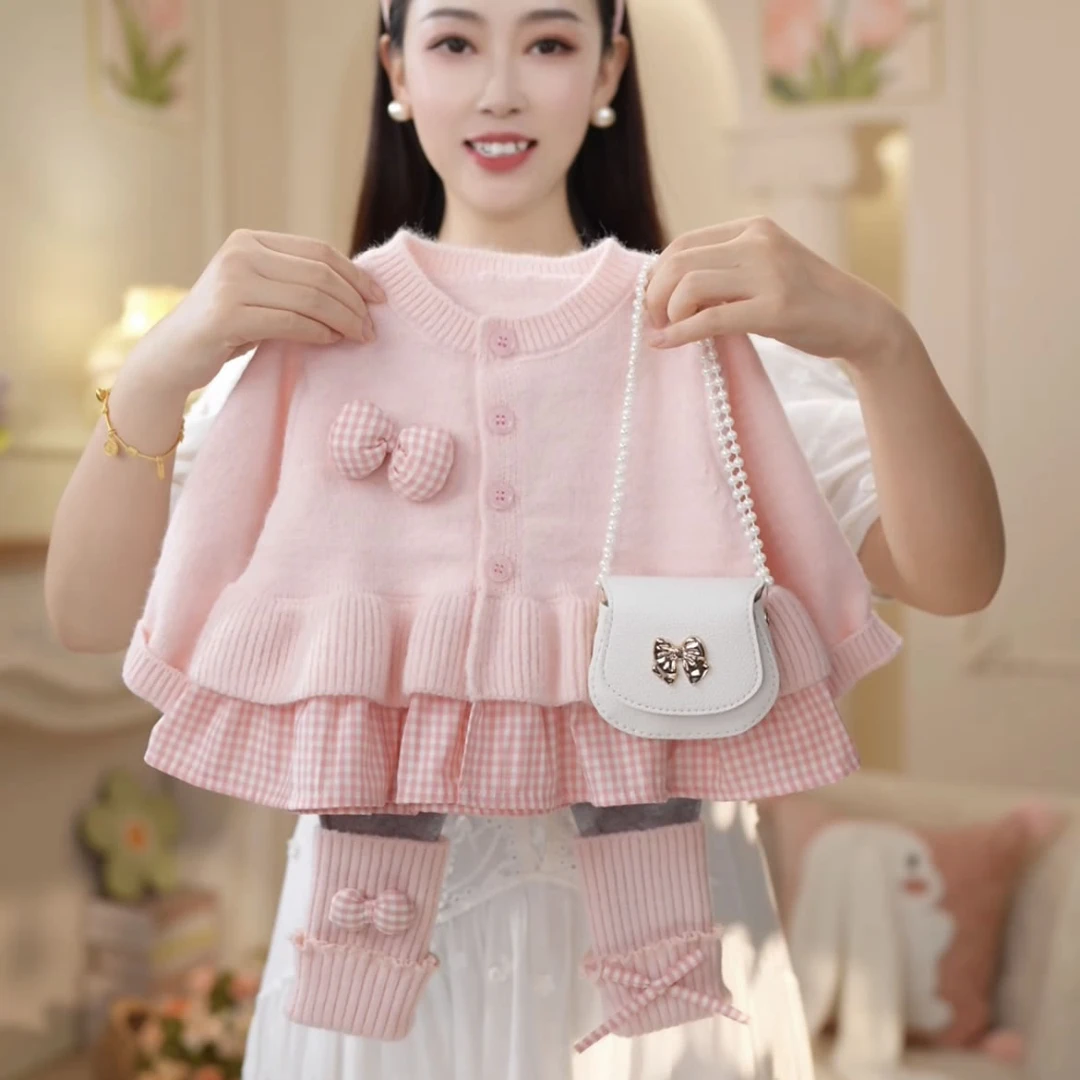 儿童装女童秋季可爱时尚女宝宝毛线针织外套+毛线裤脚裤25905