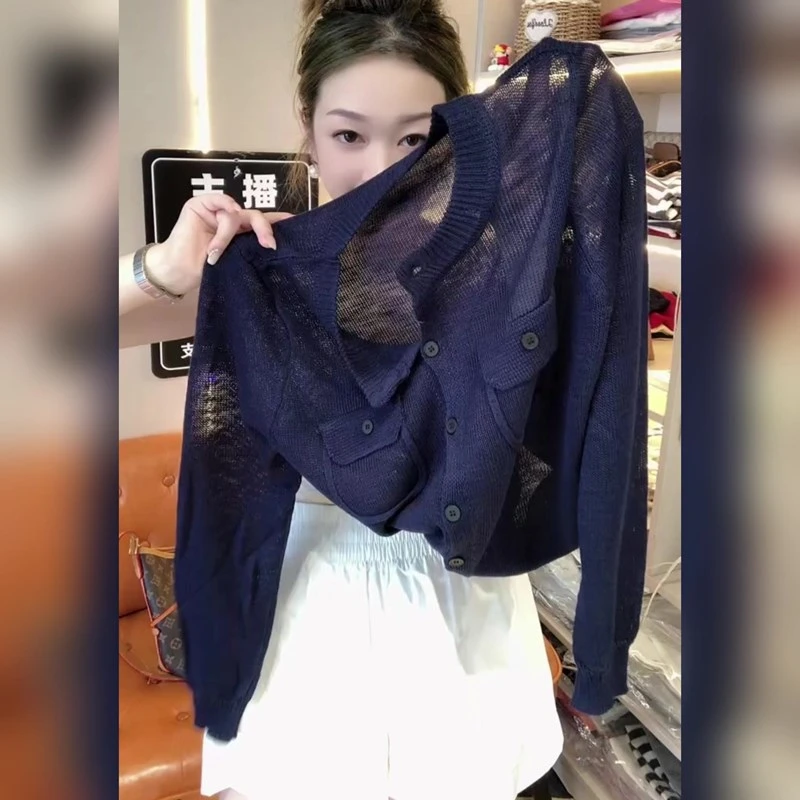 时尚气质欧货高级感简约藏蓝色针织衫秋季流行百搭显瘦宽松长袖女