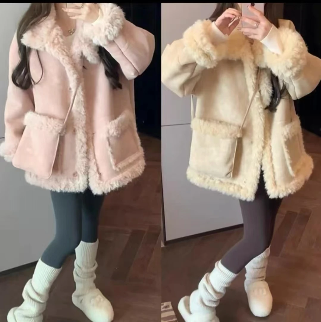 [现货送包包】韩版翻领氛围感皮毛一体保暖毛毛外套