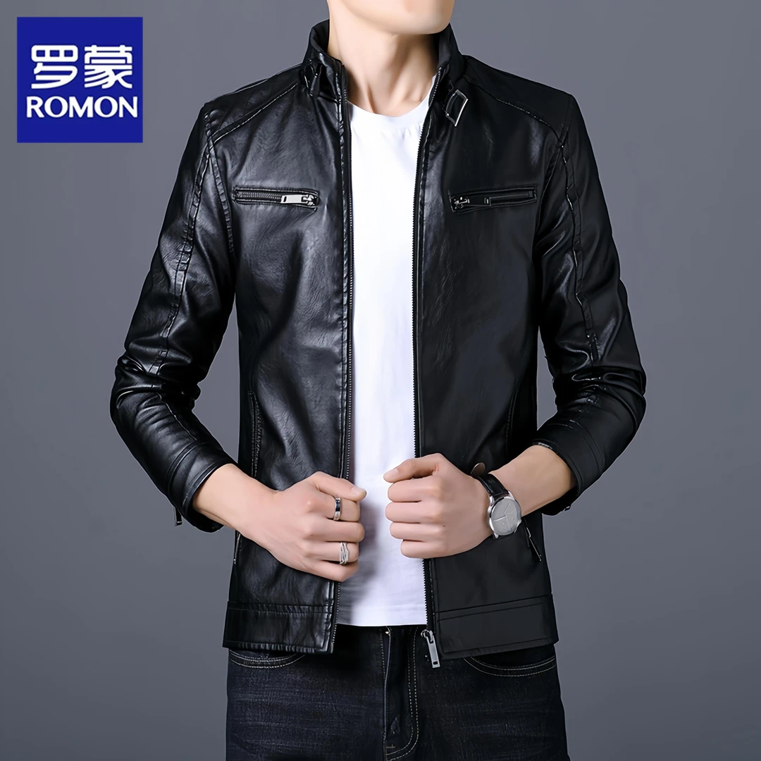 Romon/罗蒙秋冬新款男士皮衣外套百搭帅气PU皮夹克休闲修身机车服