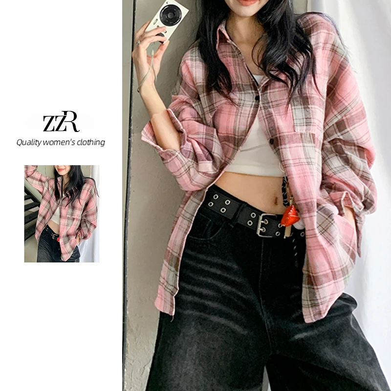 ZZR秋季新款格子衬衫女中长款叠穿宽松遮肉外套时尚百搭外穿上衣