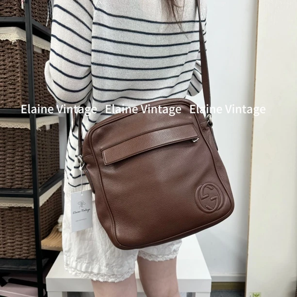 95新 GUCCI/古驰 棕色豆腐单肩斜挎包（27cm）/Y704