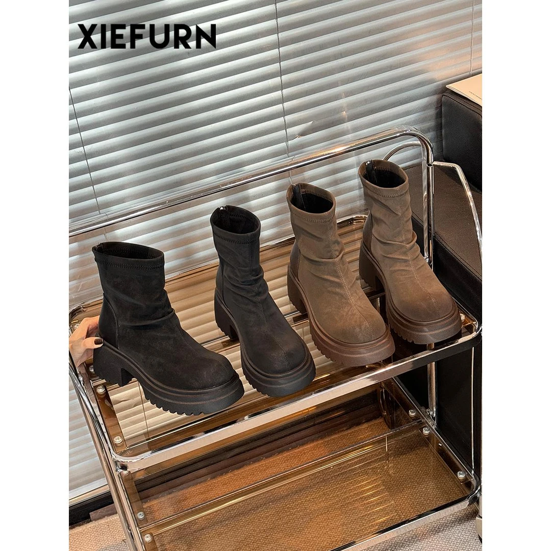 【DR设计师联名款】XIEFURN/鞋夫人女靴2025新款秋冬厚底增高小个
