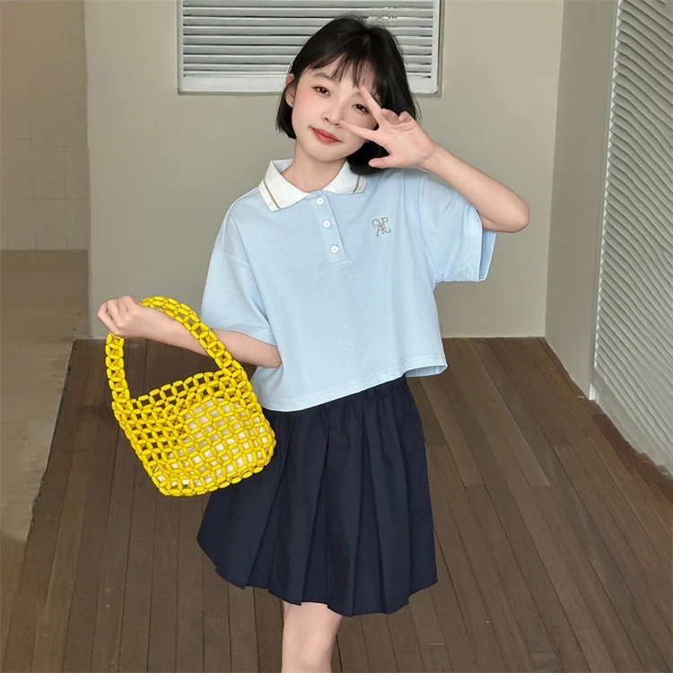 韩系童装2025夏季新款儿童学院风polo短袖T恤女童洋气百褶裙套装