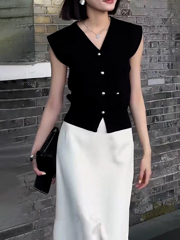 黑色时尚气质V领显瘦针织衫+侧开叉直筒半身裙两件套2025夏季新款