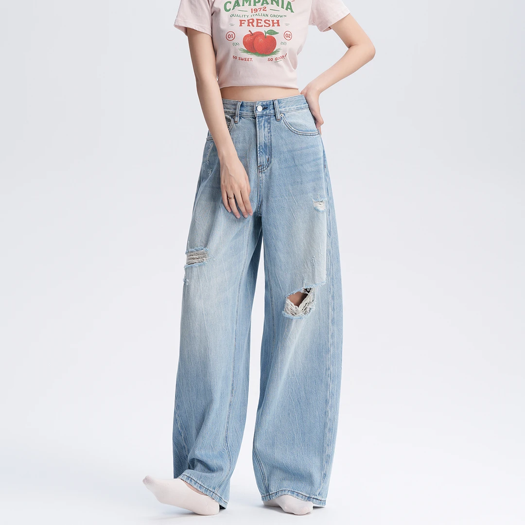 花匣子牛仔裤官方旗舰店2025新款薄款破洞弯刀裤浅蓝色503300-1