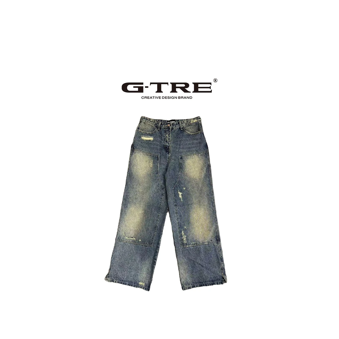 G-TRE 黄泥磨破水洗破洞牛仔裤小众设计拼接宽松直筒休闲男女同款