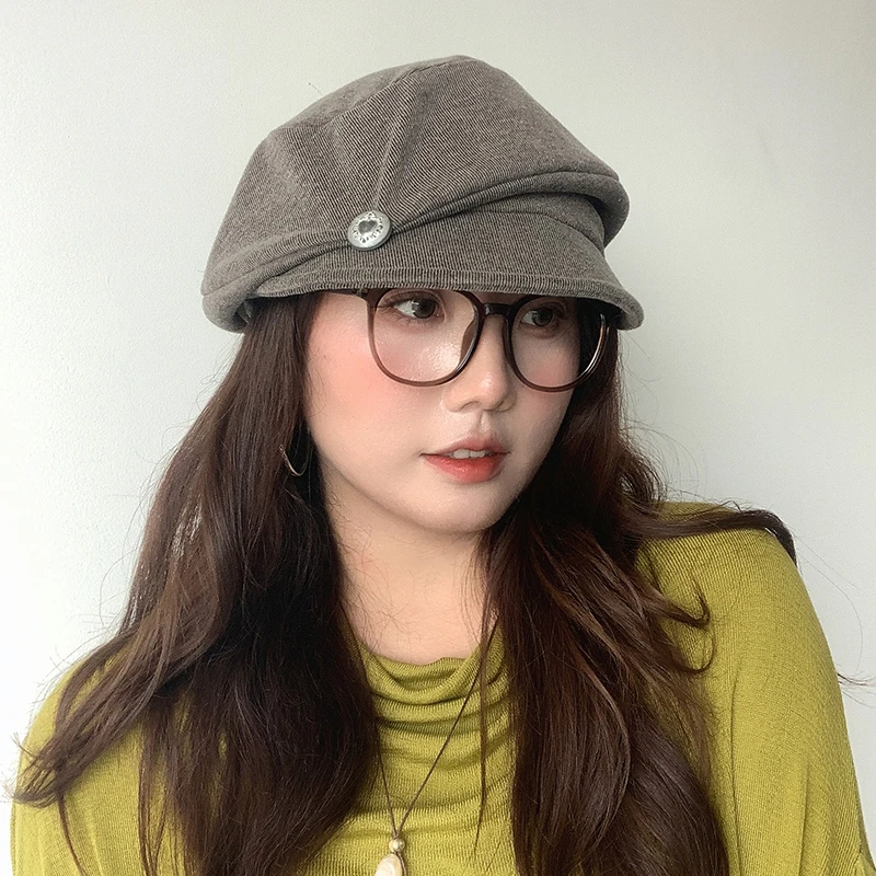 ［大头阿枝］大头围八角帽秋冬季女梯形顶帽子爱心圆扣软檐贝雷帽
