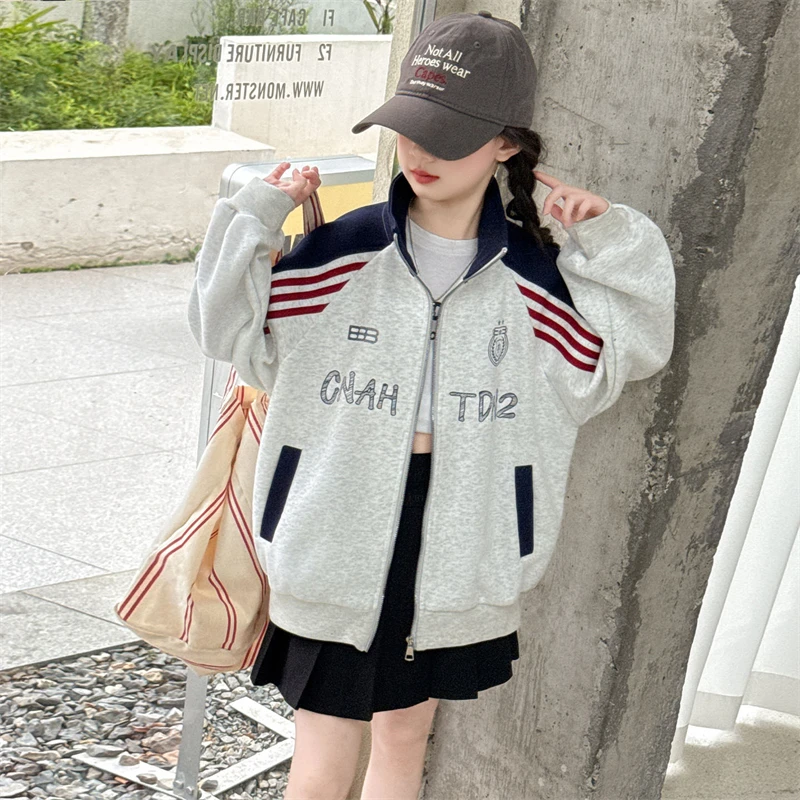 女童秋季外套棒球服春秋新款女大童立领女孩外衣时髦运动宽松上衣