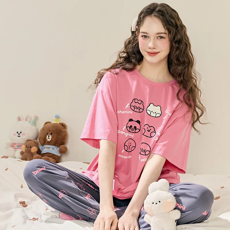 芬腾布朗熊睡衣女夏季新款短袖女款甜美可爱大码家居服套装