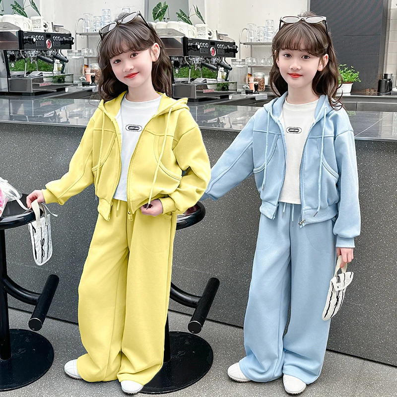 女童运动套装春秋款2025新款儿童秋装休闲连帽外套大童时髦两件套