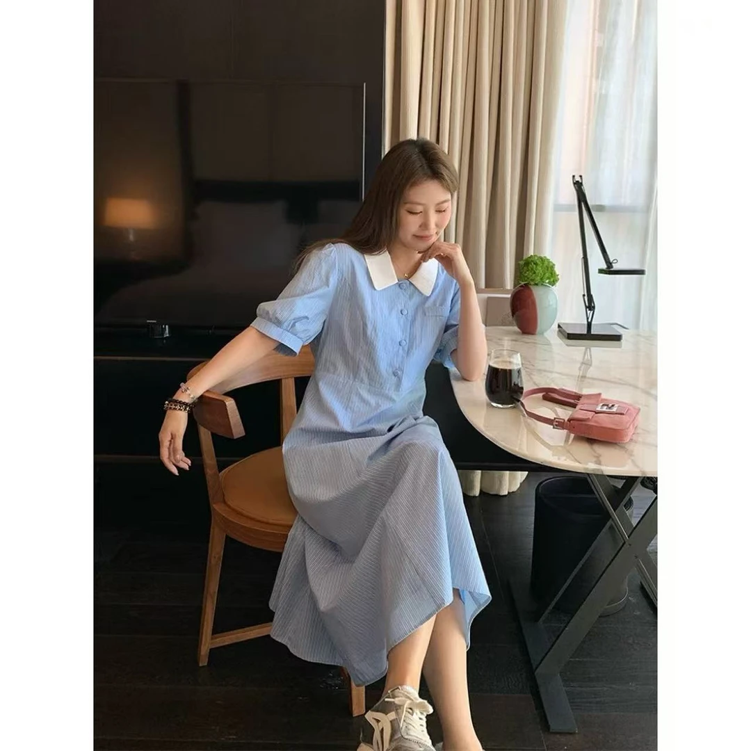 【现货秒发-NAZ瑶瑶微胖大码定制】百搭显瘦撞色领条纹连衣裙