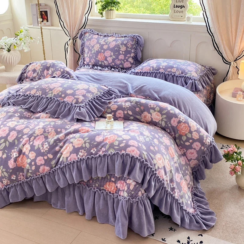 冬季加厚保暖牛奶绒四件套法式公主风大花边双面绒被套罩夹棉床盖