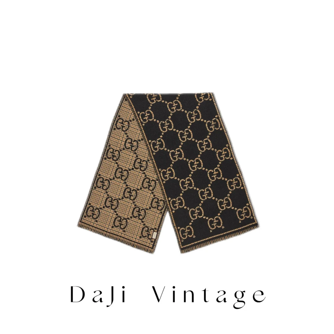 大吉中古/Gucci古驰黑拼米双G双色羊毛围巾