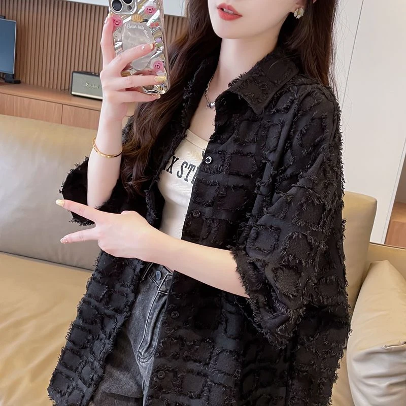 防晒衣千金贵气名媛风女装格子衬衫中长新爆薄款外套显瘦短袖衬衣