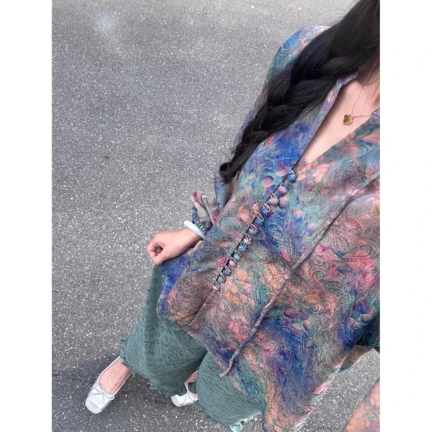 人鱼姬花海13粒扣100%桑蚕丝红云纱花萝70长度120胸围