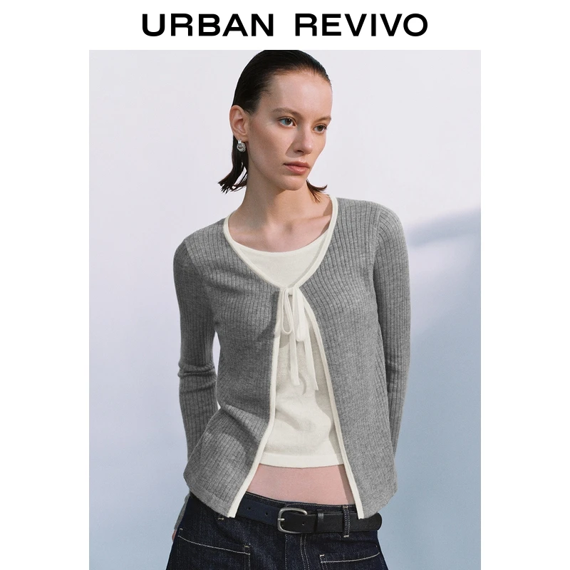 UR2025秋季新款女设计感假两件系带拼接修身针织衫UWG950200+