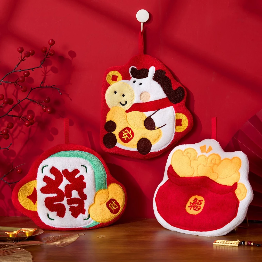 新年元宝小马挂式擦手巾卫生间可爱吸水毛巾加厚厨房手帕卡通抹yj