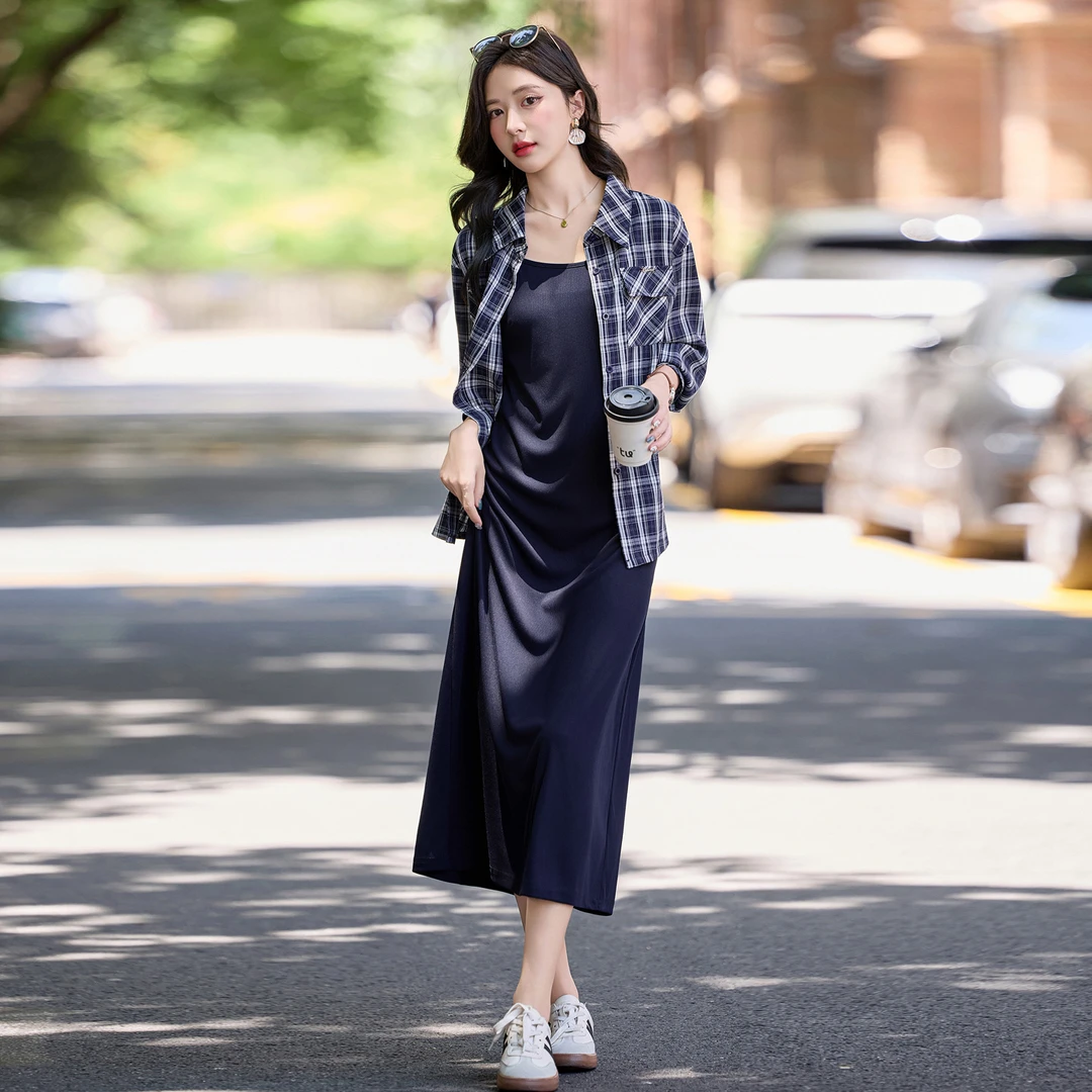 2025夏新款气质设计感格子衬衫收腰显瘦吊带裙两件套连衣裙MM2651