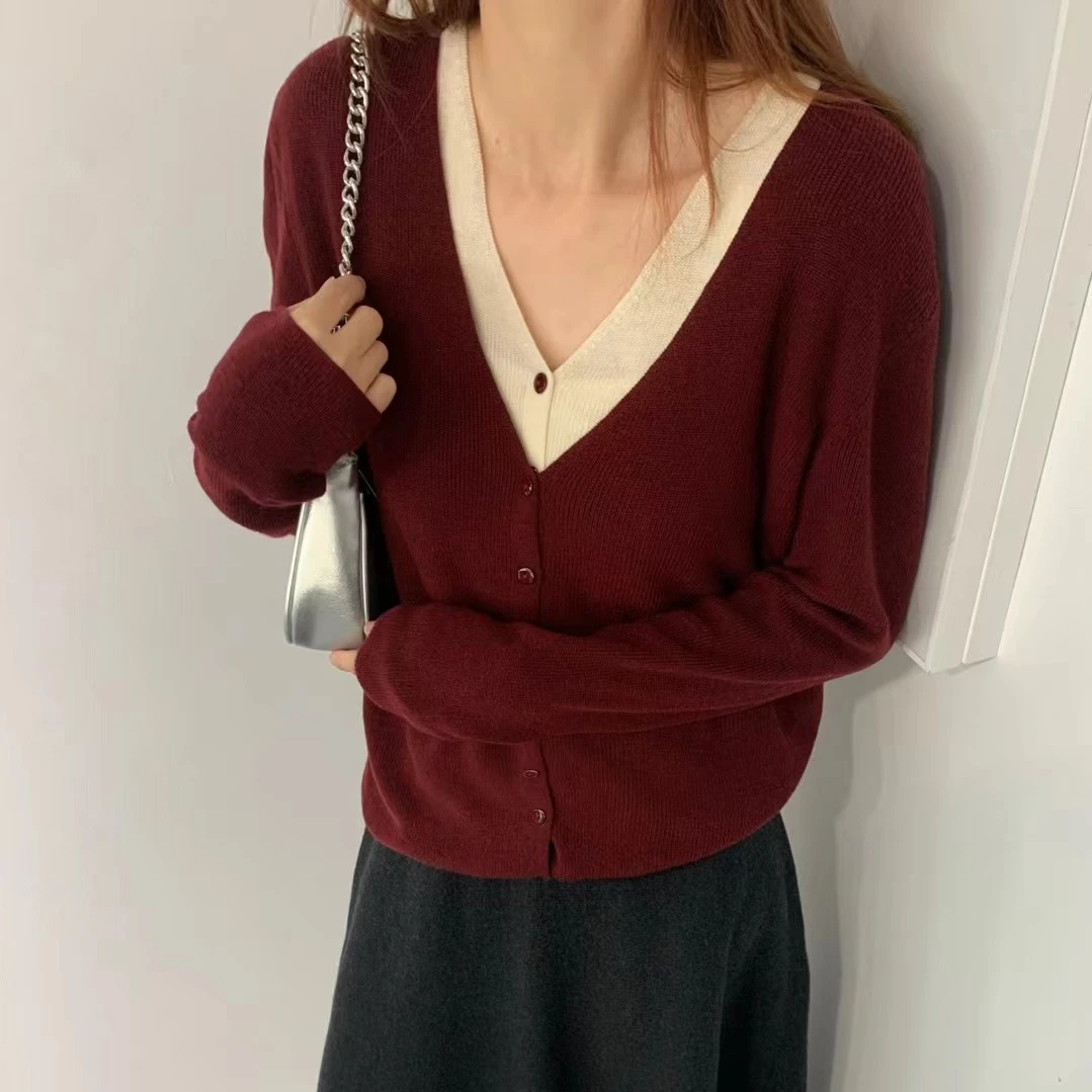 2025秋季新款长袖拼接假两件开衫款毛针织衫百搭时尚