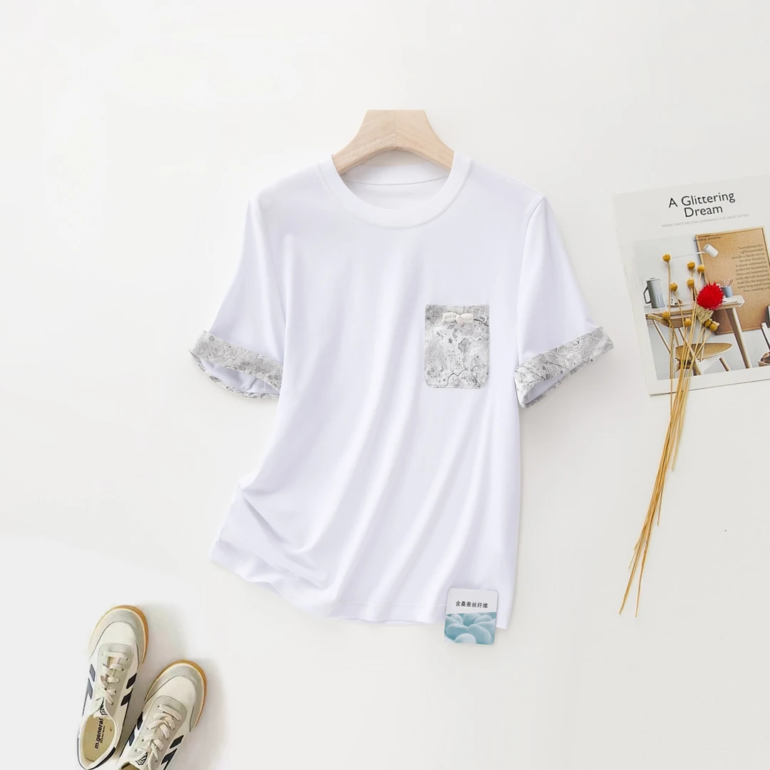 【桑蚕丝+棉】清凉透气！数兰朵夏季设计款简约半袖圆领T恤女士上衣