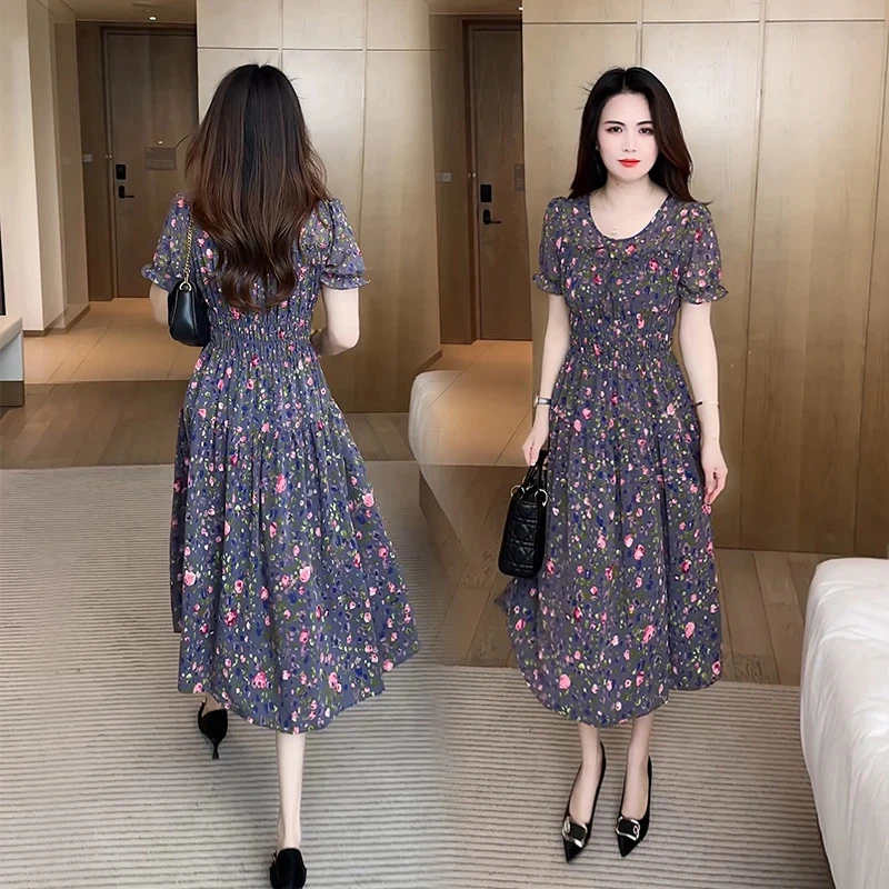 气质减龄2025夏季新款短袖收腰连衣裙妈妈洋气显瘦碎花过膝裙子女