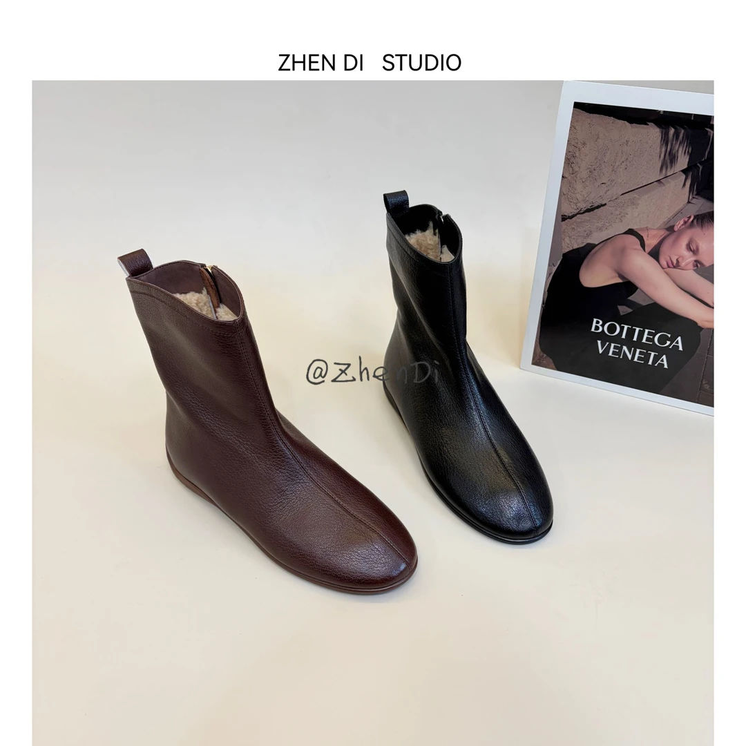 臻弟ZHENDI时装靴加绒黑色女士短筒圆头冬季时尚女靴短靴JL51237