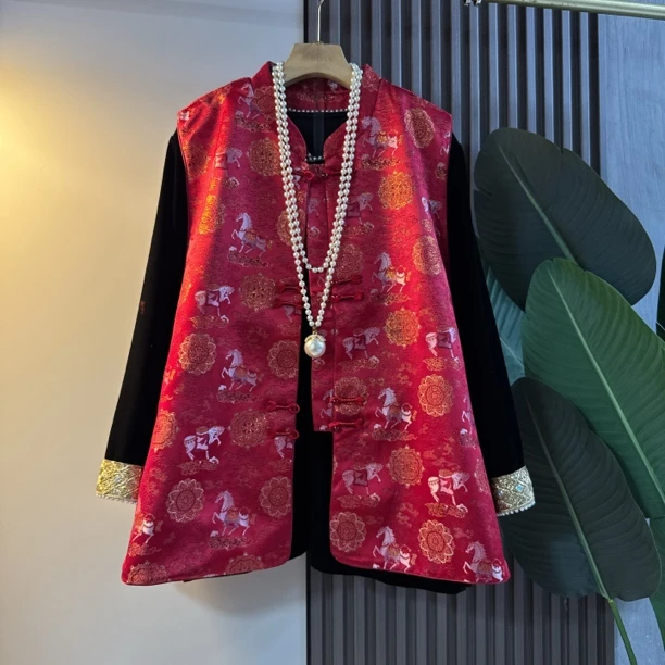 新年款新中式轻奢国风大码女装秋冬织锦提花马甲时尚复古民族风