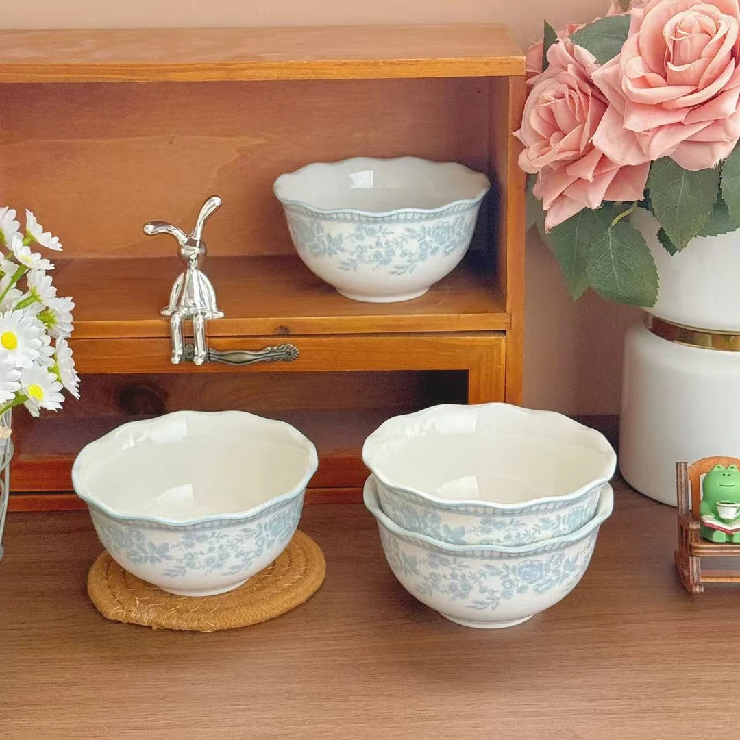 法式中古风陶瓷餐具米饭碗釉下彩饭碗家用新款青花瓷复古饭碗套装