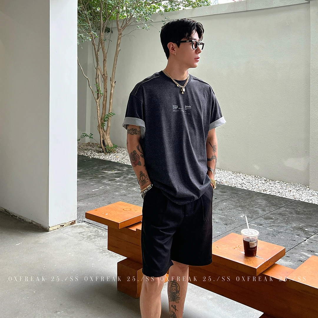 OXFREAK「磨砂肌理感」水洗做旧短袖t恤男设计感小众宽松圆领半袖