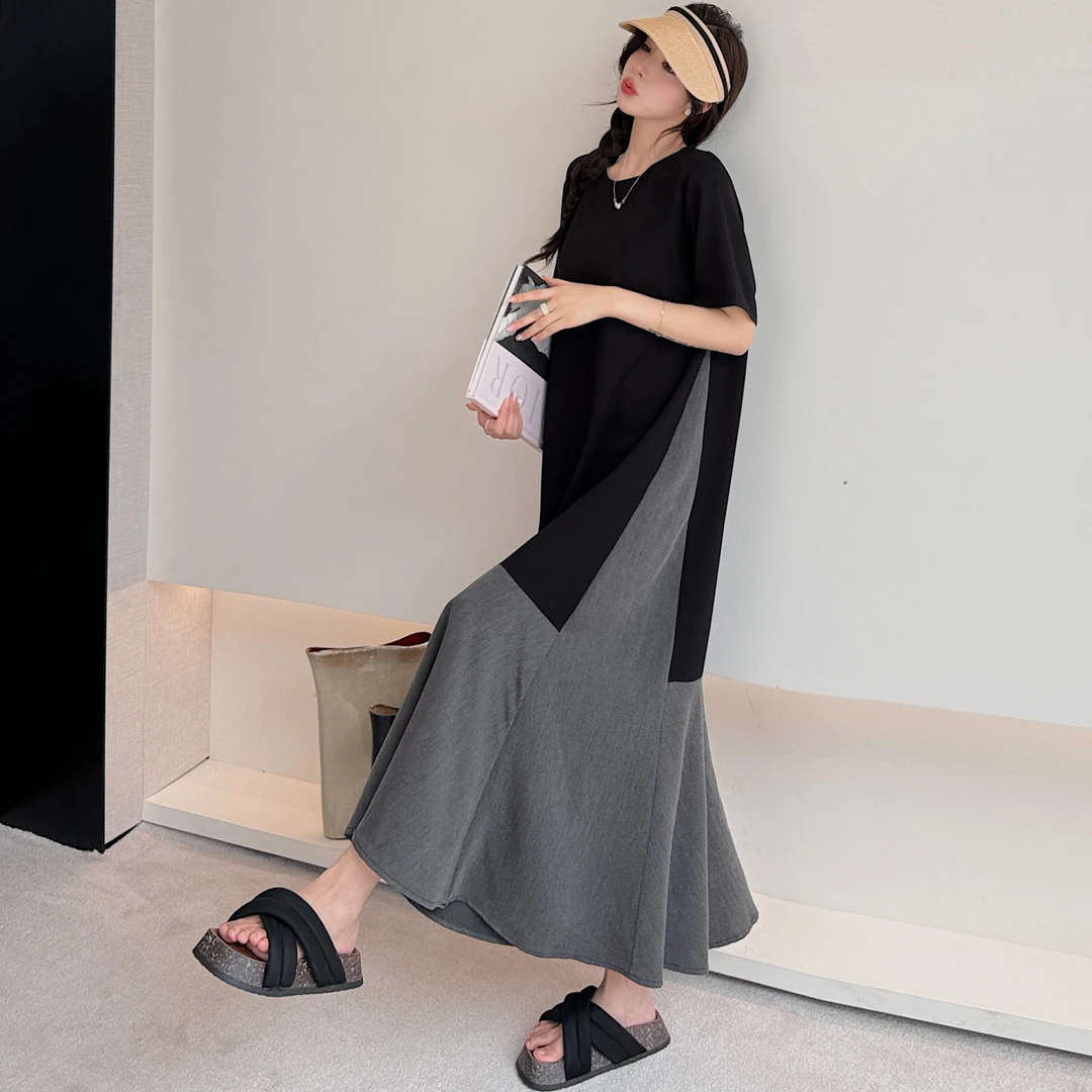 慵懒风假两件宽松长裙夏新款简约撞色拼接大码A摆连衣裙长款裙子