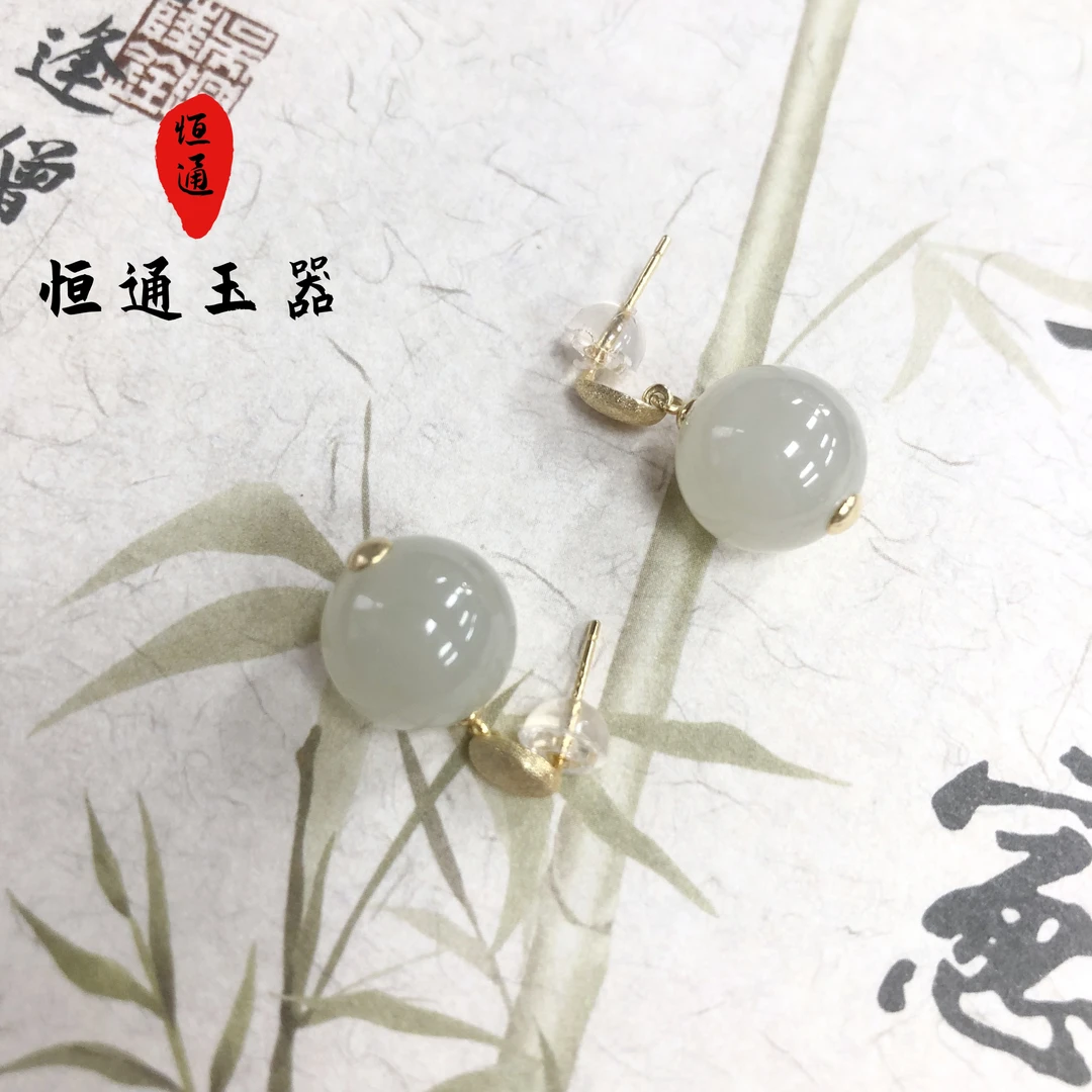 s925银镶和田玉晴水圆珠耳坠精致设计款 6-99.9