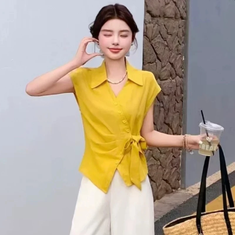2025夏季新款时尚韩式休闲设计感纯色短袖衬衫上衣大码女装