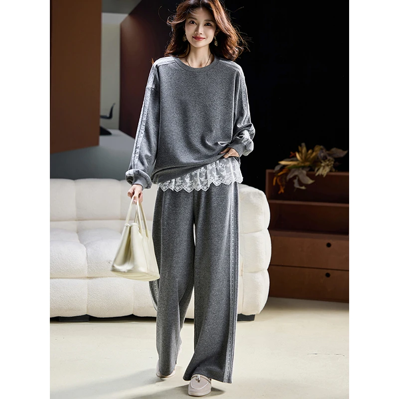 DUCURNO时尚休闲运动套装女秋季新款大码蕾丝拼接卫衣长裤两件套