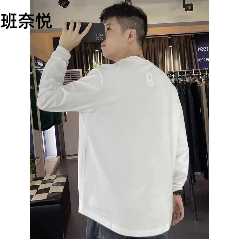 班奈悦长袖t恤男式白色休闲宽松2025春秋季新款百搭内衫羊毛衬厚