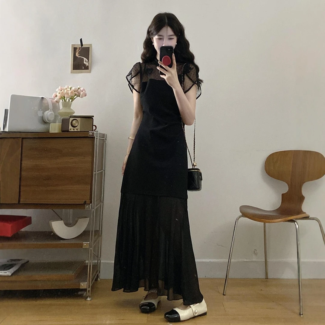 黑色新中式改良旗袍连衣裙女夏装新款大码胖mm显瘦高级感气质长裙