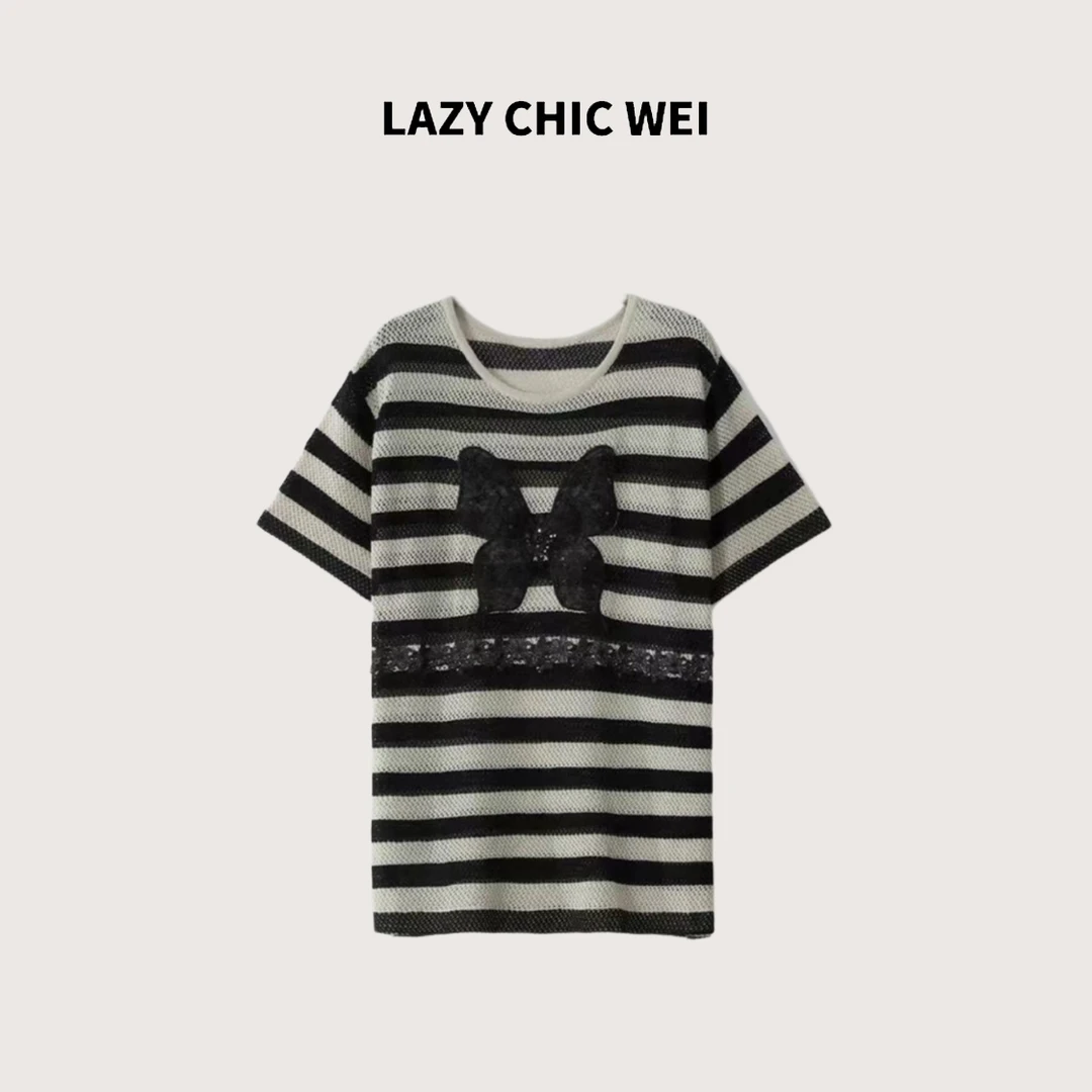WEI 莱赛尔亚麻混纺镂空亮片蝴蝶条纹针织罩衫2525SSW5293