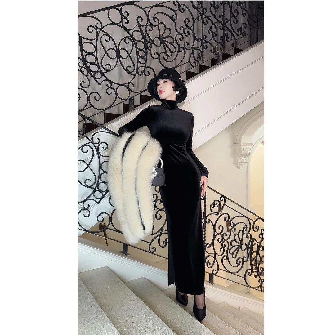 LYXJ【波尔多魅影】秋冬法式复古黑色亲肤显腰线高领连衣裙11612