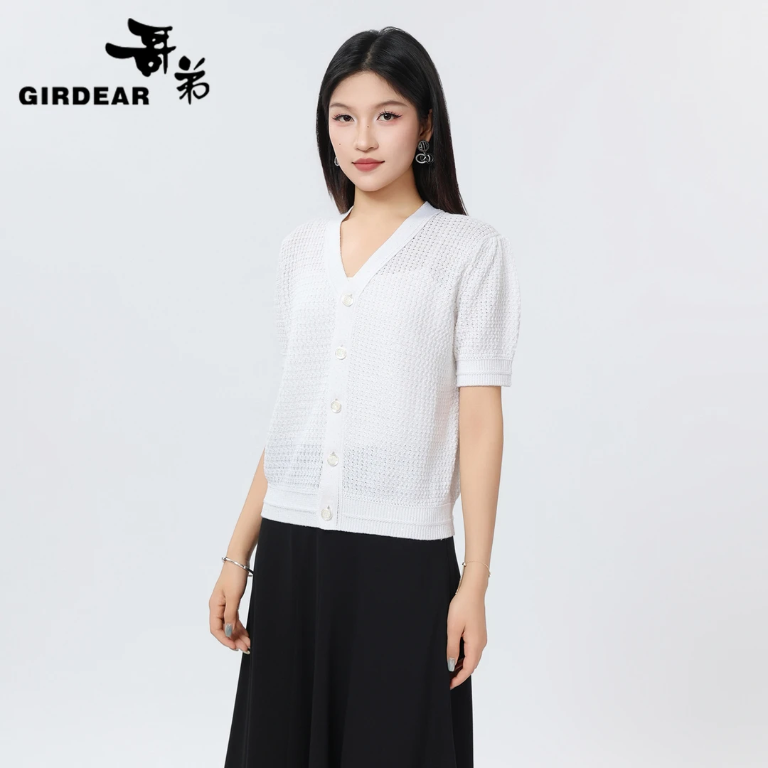 GIRDEAR/哥弟新款设计款法式上衣百搭T恤时尚镂空针织开衫148020