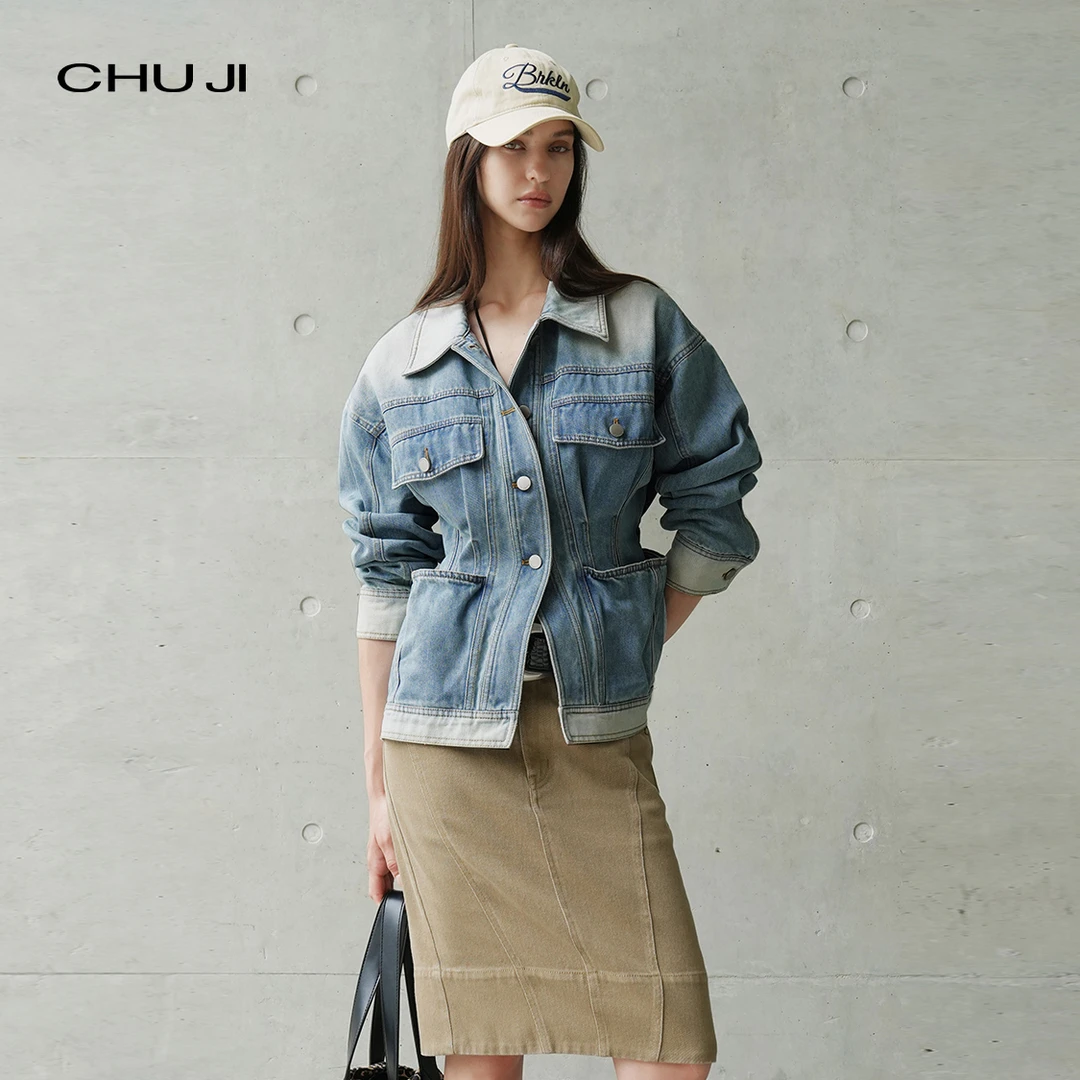 Chuji/出迹复古牛仔外套2024新款翻领水洗时髦牛仔夹克-D2Z1447W