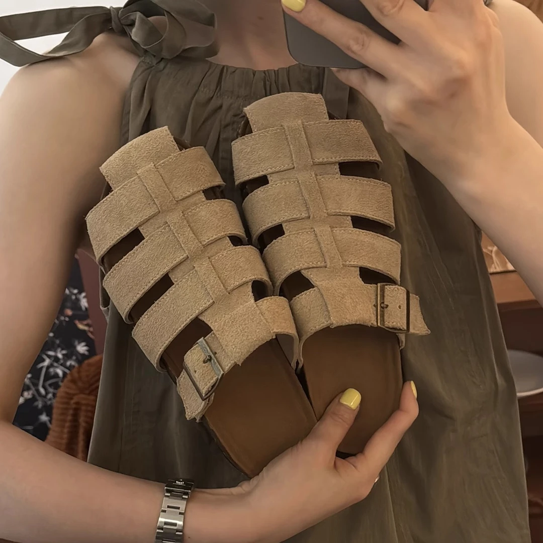 羊皮版~罗马编织包头半拖鞋女夏季外穿一脚蹬勃肯凉鞋新款穆勒鞋