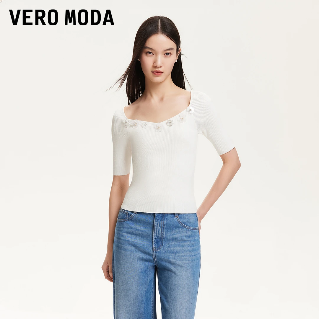 Vero Moda针织衫2025春季新款层叠花朵装饰钻石领针织衫325124062