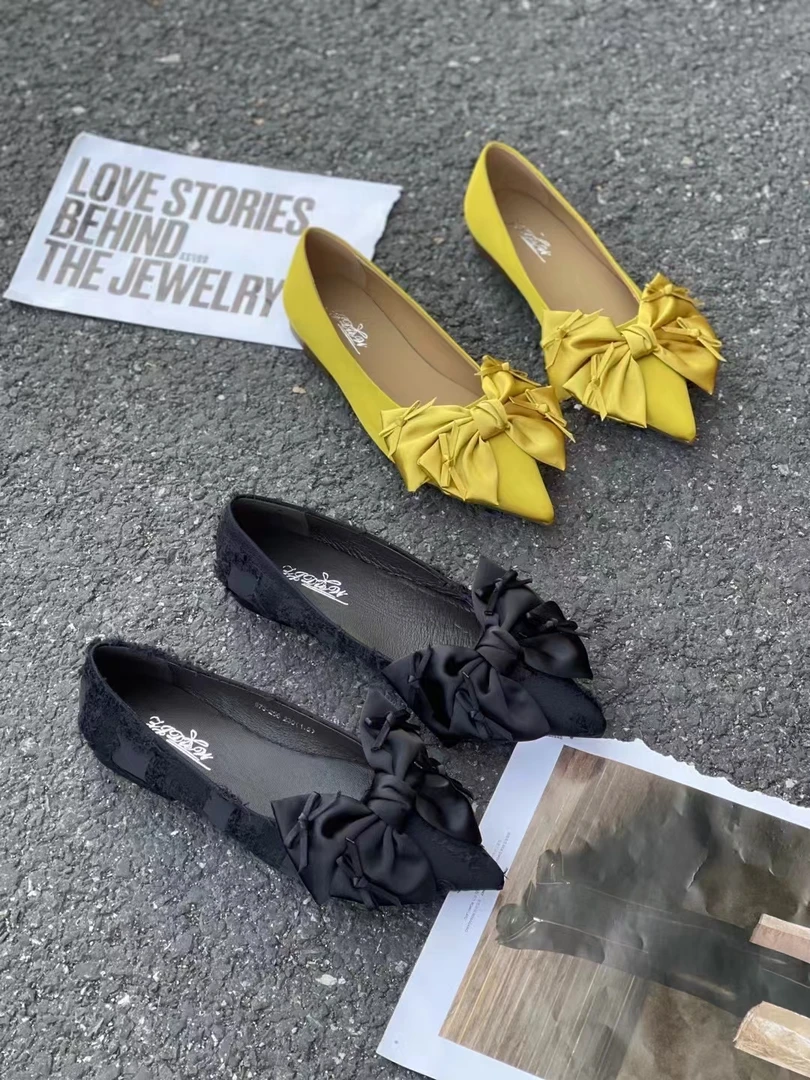 2025春季新款时尚蝴蝶结尖头浅口平底单鞋女真皮气质573-256