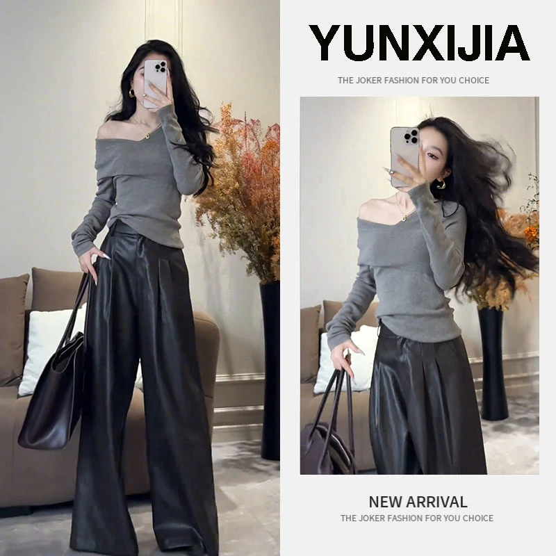 2025秋季新款时尚辣妹设计感气质针织长袖上衣裤子两件套