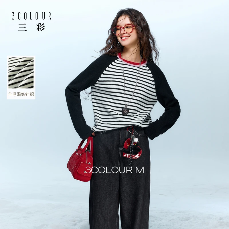 【美利奴羊毛】三彩2025秋冬季新款条纹针织衫插肩袖套头显瘦女M