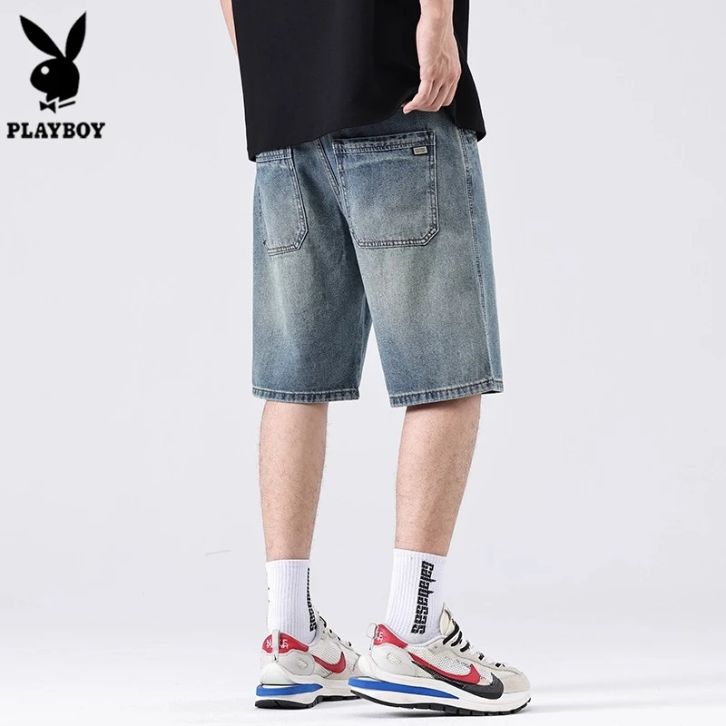 花花公子夏季新款男士时尚潮流复古百搭宽松舒适透气弹力牛仔短裤