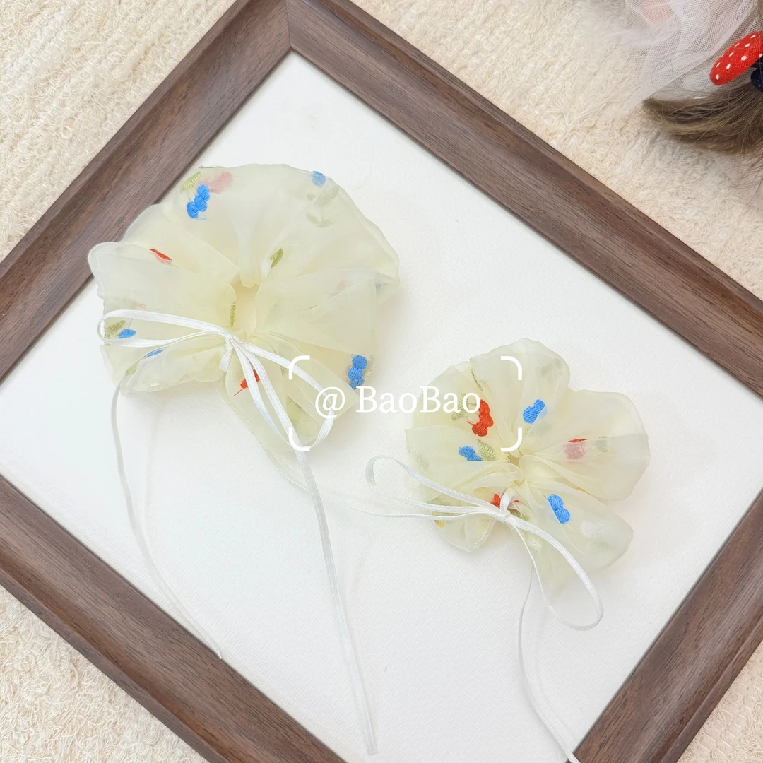 韩系温柔泡泡纱刺绣小樱桃儿童大肠发圈百搭清新甜美感丸子头发绳