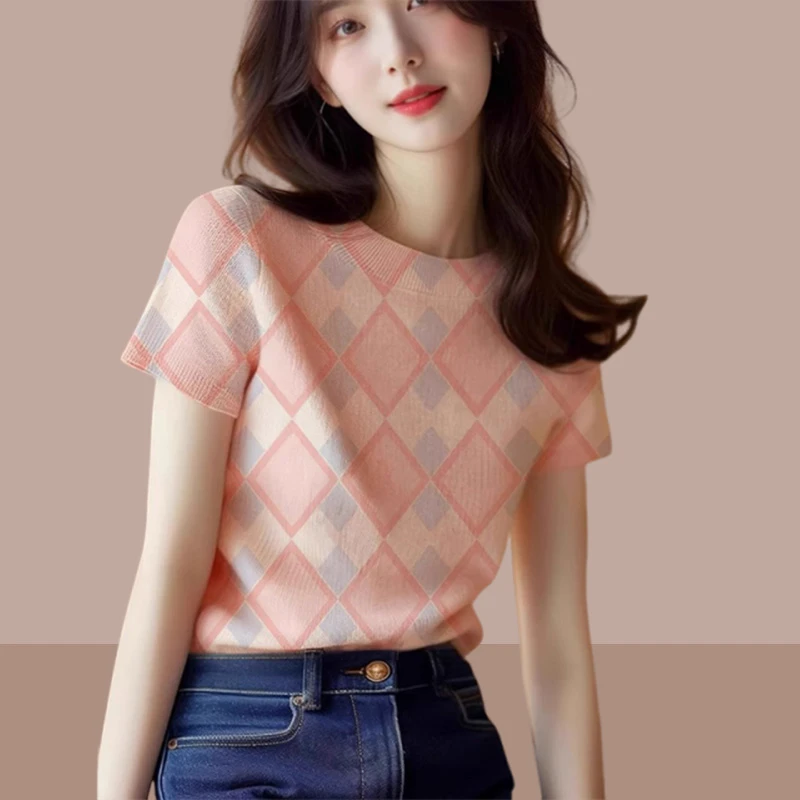 韩系温柔风减龄气质菱格拼色短袖T恤女2025夏季新款洋气正肩上衣